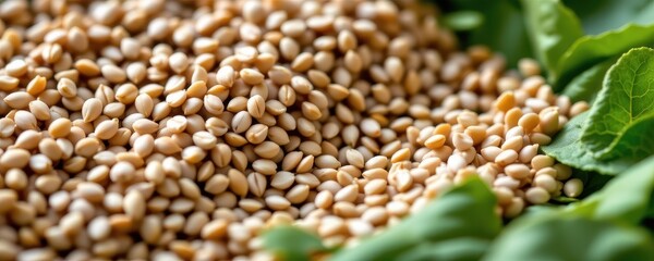 Obraz premium a macro photo of sesame seeds scattered on fresh greens emphasizing their role as magnesium rich superfoods natural shot