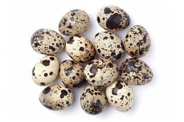 Speckled quail eggs on white background. AI generated