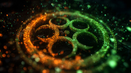 Futuristic Biohazard: Glowing Symbol with DNA Patterns and Digital Particles in Green-Orange Gradients