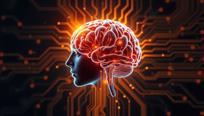 Glowing human brain merging with a circuit board, symbolizing the fusion of creativity and artificial intelligence 2