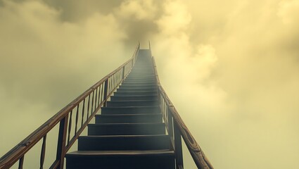 A staircase with wooden railings leading upwards into a dense and hazy cloud filled sky scene