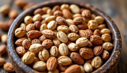 Fototapeta premium a close up of almonds walnuts and sunflower seeds in rustic bowl emphasizing magnesium rich nut variety natural style