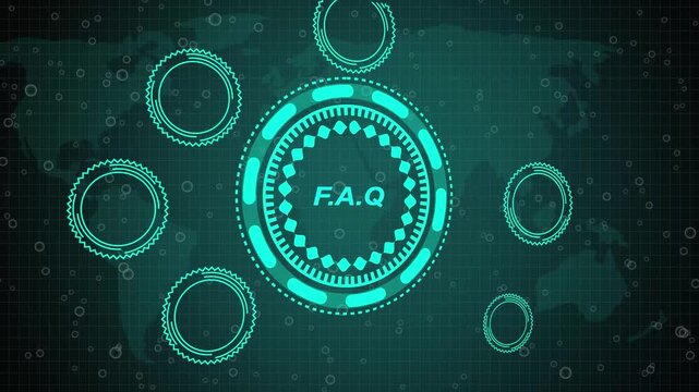 A FAQ button on a clear projection ,Blue wave digital data flow. Seamless loop technology network background concept . 3d animation and grid maps background.