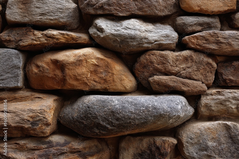 Poster a stone wall built with various sized rocks and distinct shapes textures and colors