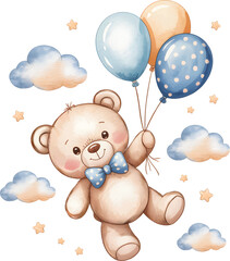 Watercolor flying teddy bear with pastel balloons, clouds and hearts. Nursery Baby Shower Elements.  © Songrami