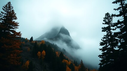 A misty mountain peak surrounded by evergreen trees and autumn foliage on a cloudy overcast day
