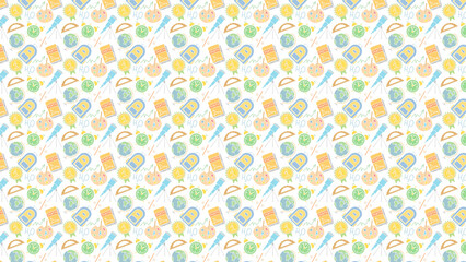 Seamless pattern featuring school supplies and science elements on a white background design style