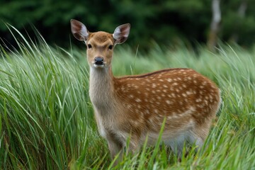 Obraz premium A tan sika deer with white spots stands in tall green grass gazing directly at the viewer