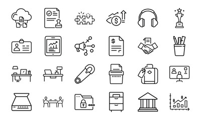 Minimal Line Office and Business Icon Set 24 Clean Vector Icons for Finance, Strategy, Management, Office Desk, File, Planning, Teamwork, Marketing and Workspace UI Design