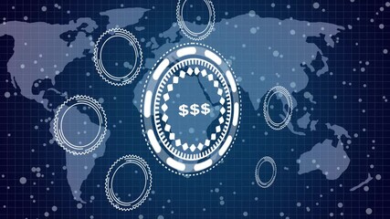 an Dollar concept button , digital data flow. Seamless loop technology network background concept . digital technology animated background concept. 3d animation and grid maps background. - Powered by Adobe