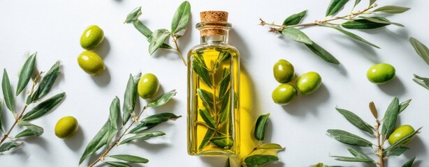 The glass bottle of olive oil surrounded by fresh olives and herbs.