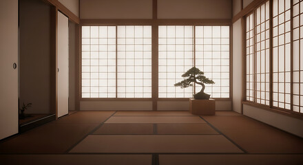 Empty traditional Japanese room with shoji screens and bonsai.