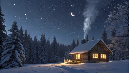Serene winter night with a cozy log cabin in a snowy forest under a starry sky and crescent moon.
