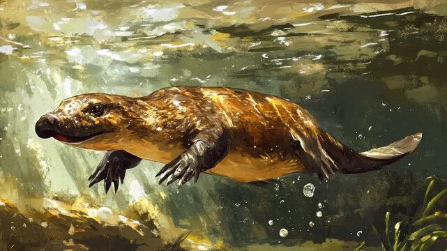 Aquatic prehistoric mammal swimming in sunlit stream