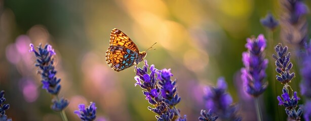 The stunning butterfly perched gracefully on vibrant lavender flowers.
