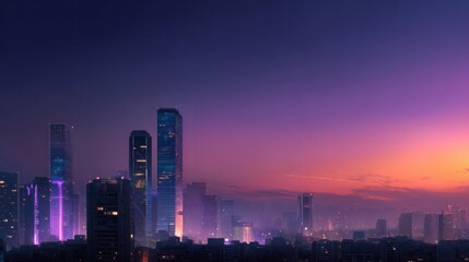 Fototapeta premium Pre-dawn city skyline under a purple and orange sky gradient, high-tech towers flickering with fading neon blue lights, warm early light illuminating building edges 