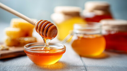 Golden honey pours from a wooden dipper into a glass bowl, with honey jars softly blurred behind. Natural textures, glowing tones, and copy space on the side.