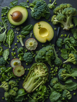 Clean eating selection Protein source for vegetarian: avocado, apple, broccoli, spinach, green peans on dark background. Healthy green food. Top view with copy space. Diet food.