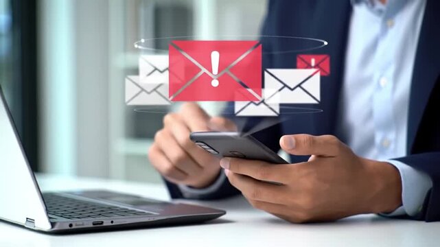 Businessman receive multiple scam email alerts on smartphone while multitasking on laptop. Email notifications, malware, Concept of cybersecurity threat, Phishing scam, Email overload in workplace.