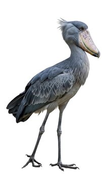 A shoebill stork with slate-grey feathers and large beak, isolated on a white background.