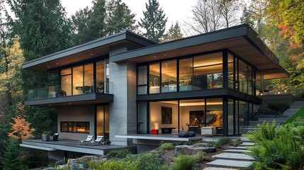 modern architectural house with sleek design nestled in lush forest for tranquil living experience nature integration sustainable retreat harmony concept.