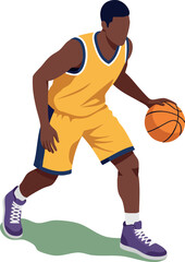Fototapeta premium Basketball player dribbling ball in yellow uniform with purple shoes vector illustration for sports design and active lifestyle