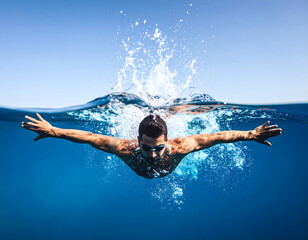 Dynamic underwater scene: Person swimming with fins, fully submerged