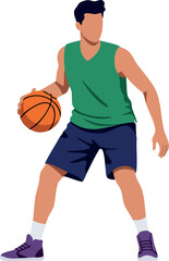 Naklejka premium Male basketball player dribbling ball in green jersey and navy shorts vector illustration