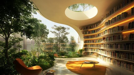 serene library oasis with modern architectural design for peaceful learning space integrated nature greenery light wood harmony innovation concept.