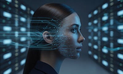 Woman, profile view, futuristic technology overlay