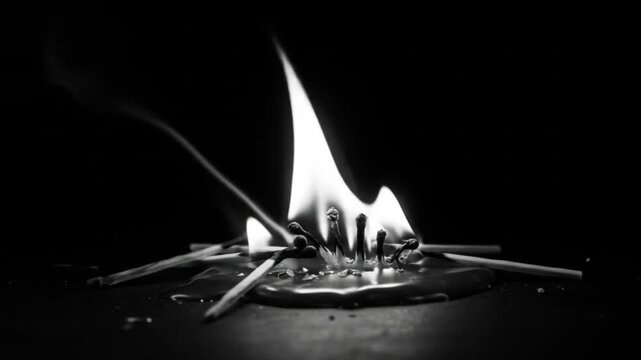 Close up of burning matches with smoke in a monochrome black and white setting view