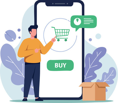 Online shopping concept with man using mobile phone app for e-commerce purchases and delivery service vector illustration