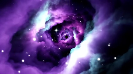 Seamless flight through a vibrant purple cosmic wormhole tunnel with glowing stars and interstellar nebula clouds on a journey through deep space - Powered by Adobe