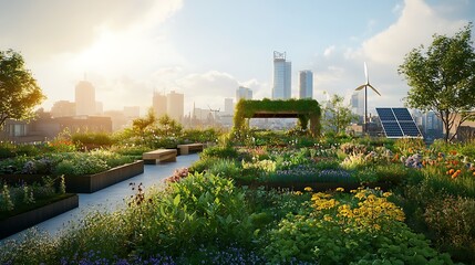 urban rooftop oasis with green garden beds for sustainable cityscape retreat eco living harmony modern architecture nature integration concept.