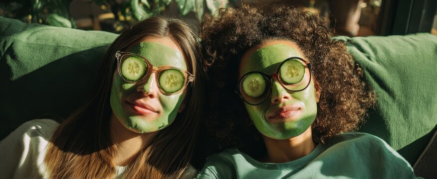 The two friends enjoying a relaxing spa day with cucumber facial masks.