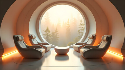 Modern circular room design featuring high-backed leather chairs ambient glow and pine forest backdrop