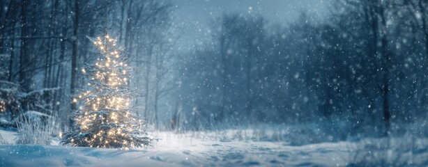 The enchanting Christmas tree illuminated by lights in a snowy woodland.