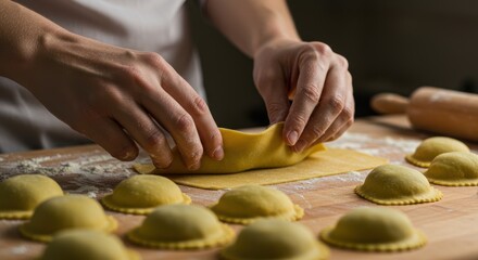 Handcrafting fresh ravioli on a rustic wooden board showcases culinary skill and the art of handmade pasta preparation