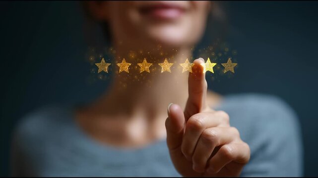Customer Satisfaction: A close-up shot captures a person's gesture as they touch a glowing five-star rating, symbolizing satisfaction and top-notch service.