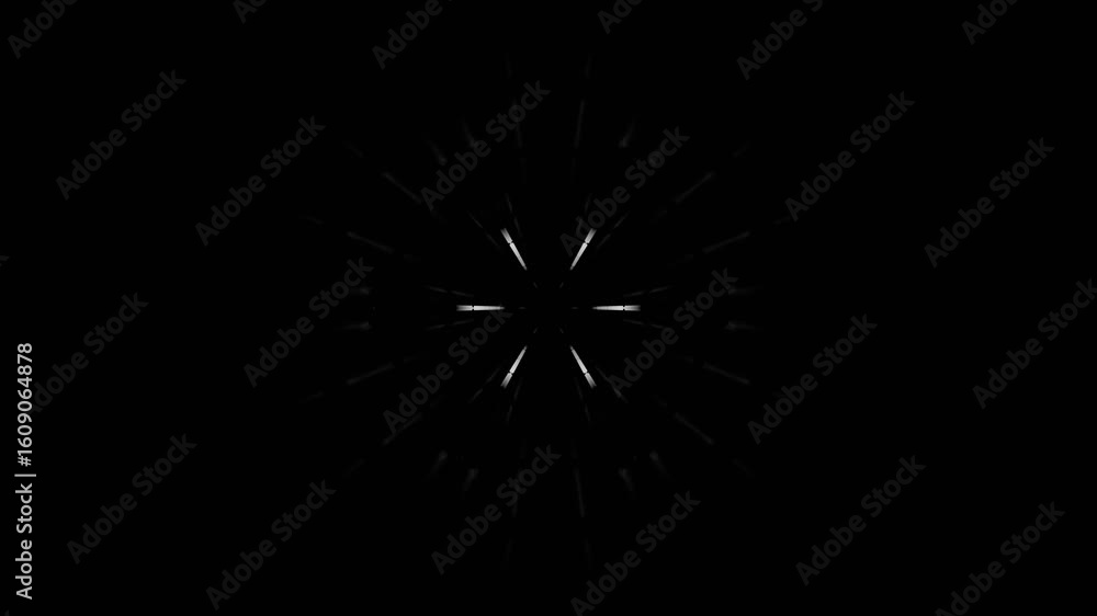 Poster a symmetrical, abstract design with radiating lines and a central hexagonal shape, isolated on black