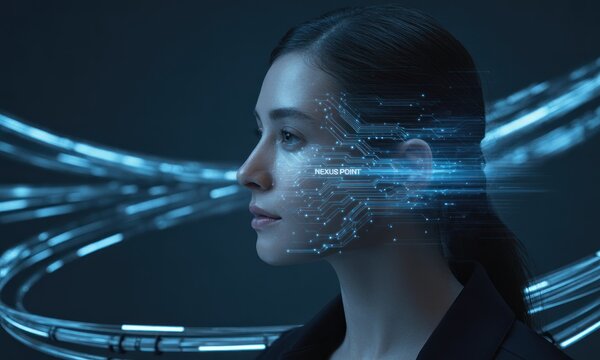 Woman with digital interface overlay