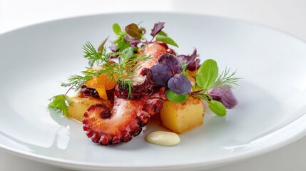 Octopus and potato dish plated in contemporary style, white background