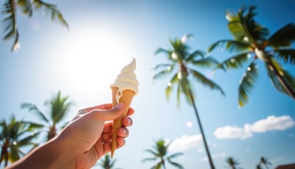 Hand holding a melting ice cream cone against a bright blue sky with sunshine and palm trees in the background, summer vacation mood 2