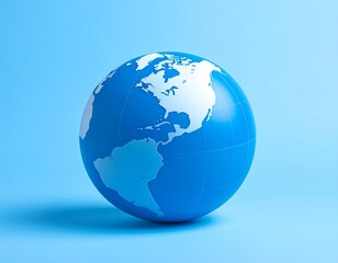 Fototapeta premium A solid, vibrant blue globe, centrally positioned on a light-blue background. The continents are outlined in white, and subtle gridlines are visible. A simple, 3D rendering
