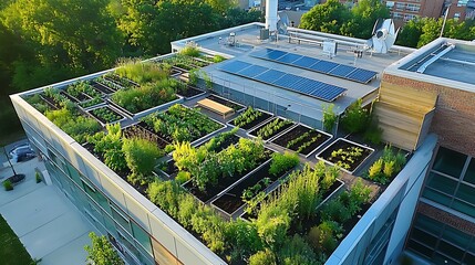 lush rooftop garden with solar panels for sustainable urban living green energy integration eco design city innovation environmental harmony concept.