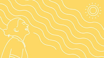 Happy woman basking in sunshine, minimalist line art illustration.