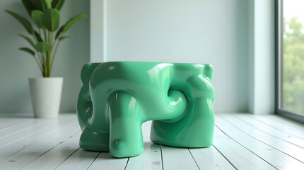 Organic twisted modern sculpture on white wood floor with natural light and gray toned interior