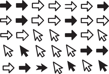 Collection of black and white arrow and cursor icons on a white background