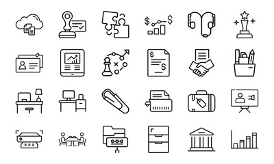 Minimal Line Office and Business Icon Set 24 Clean Vector Icons for Finance, Strategy, Management, Office Desk, File, Planning, Teamwork, Marketing and Workspace UI Design