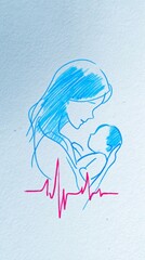 Minimalist line drawing, a blue, pink, and red digital illustration of a baby in the mother's arms with a heart monitor.-World Prematurity Day concept 